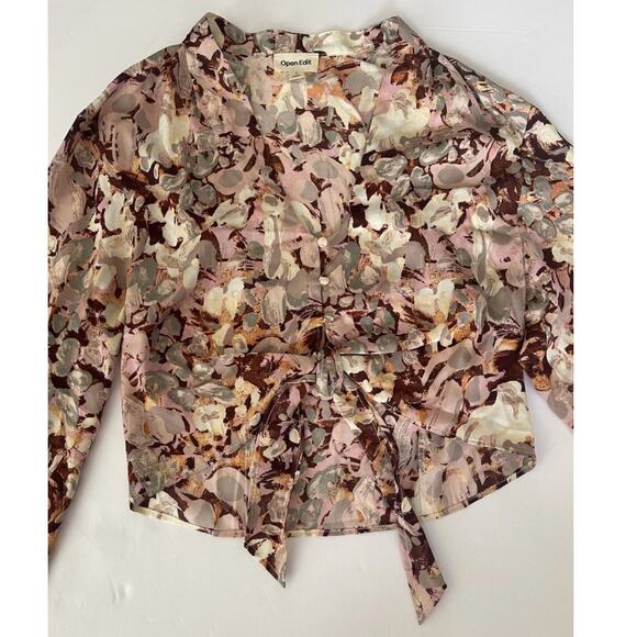 NEW OPEN EDIT NORDSTROM Women's Pink Painted Floral Print Cropped Blouse Size 2X - Picture 1 of 7